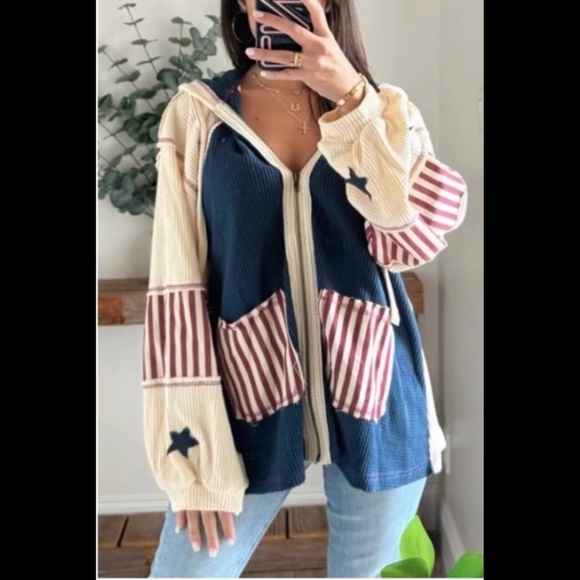 New POL Patriotic Patchwork Star Zip Up Hoodie with Stripes - Picture 7 of 7